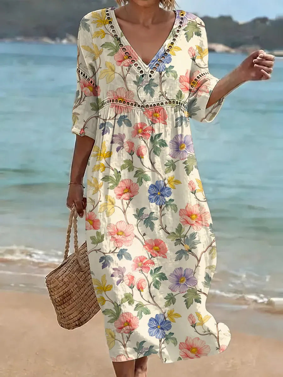 Cotton-linen midi dress V-neck