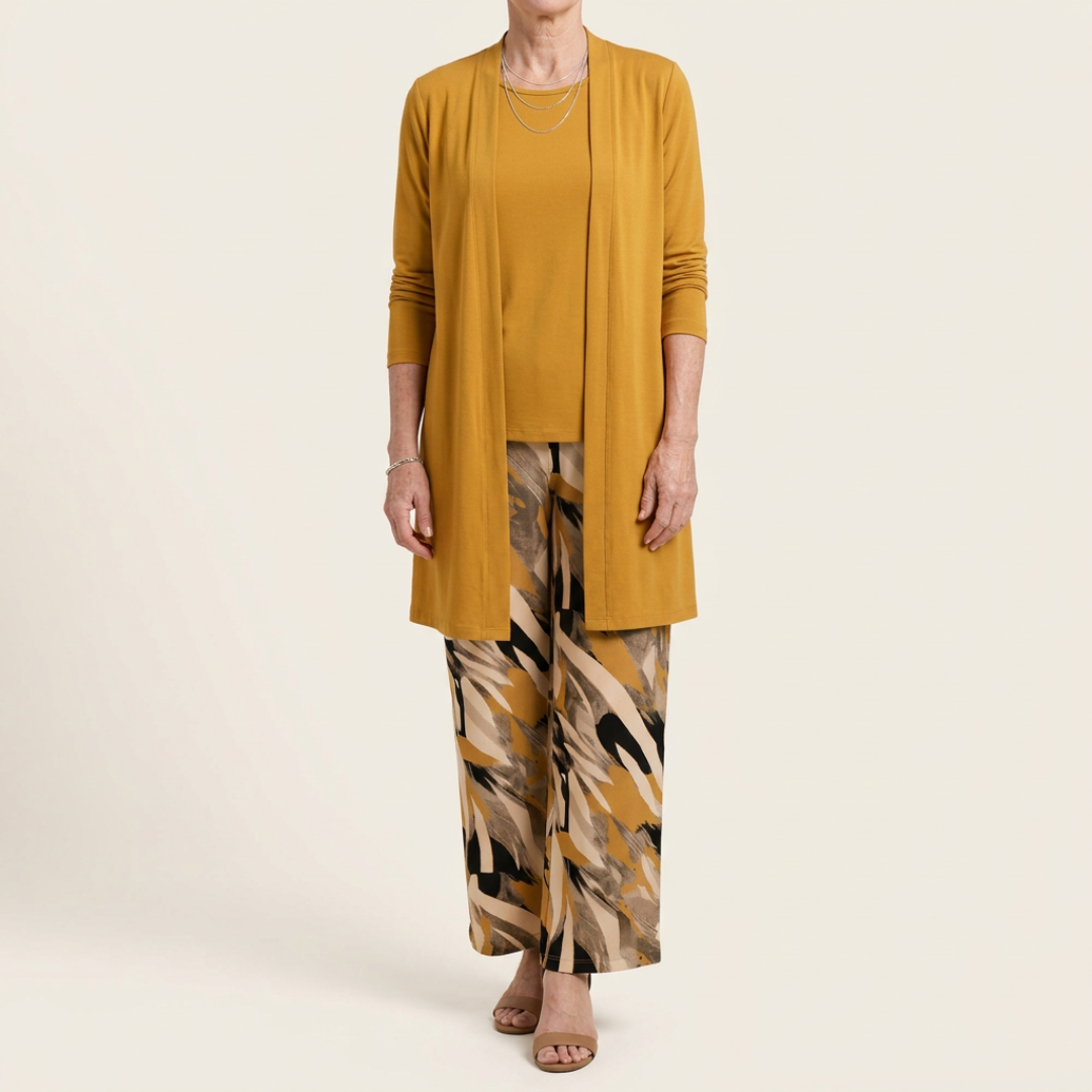 Honora | Mustard Three-Piece Set with Printed Trousers