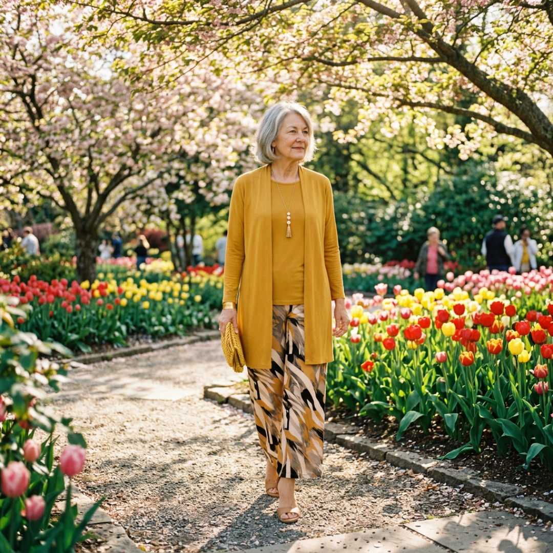 Honora | Mustard Three-Piece Set with Printed Trousers