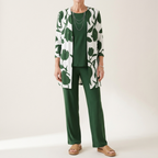 Verdana | Bottle Green Leaf-Print Three-Piece Set