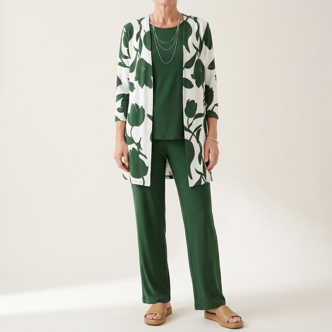 Verdana | Bottle Green Leaf-Print Three-Piece Set