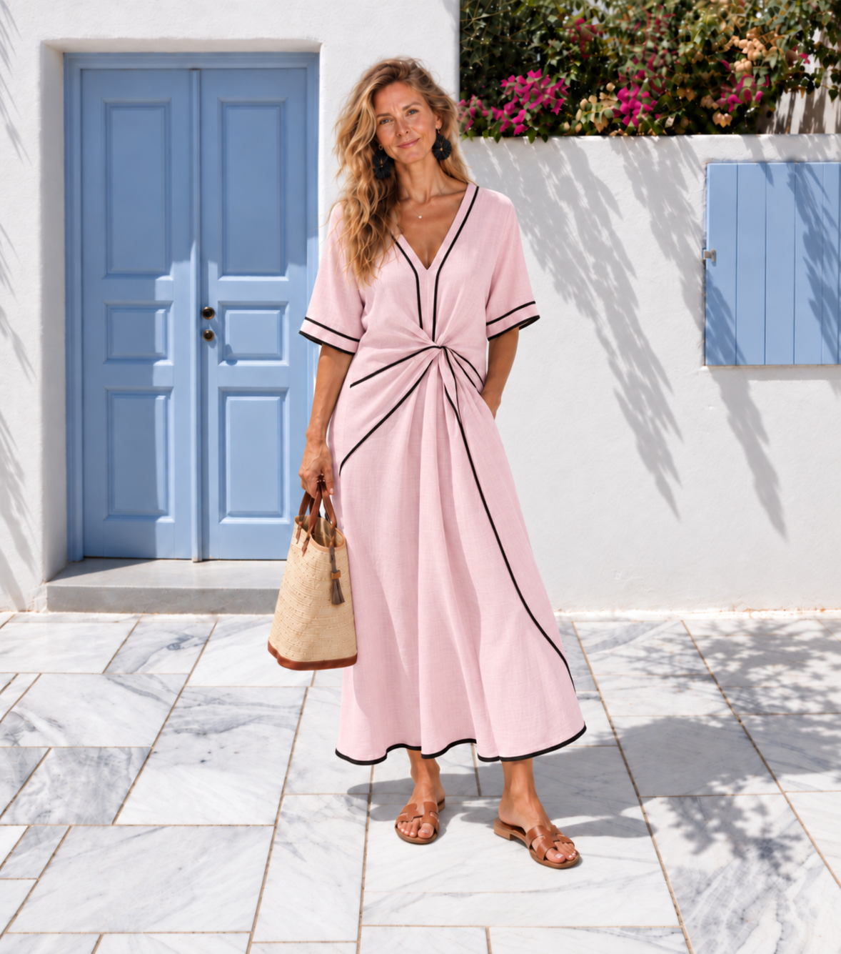 Linnea | V Neck Short Sleeve Gathered Waist Midi Dress