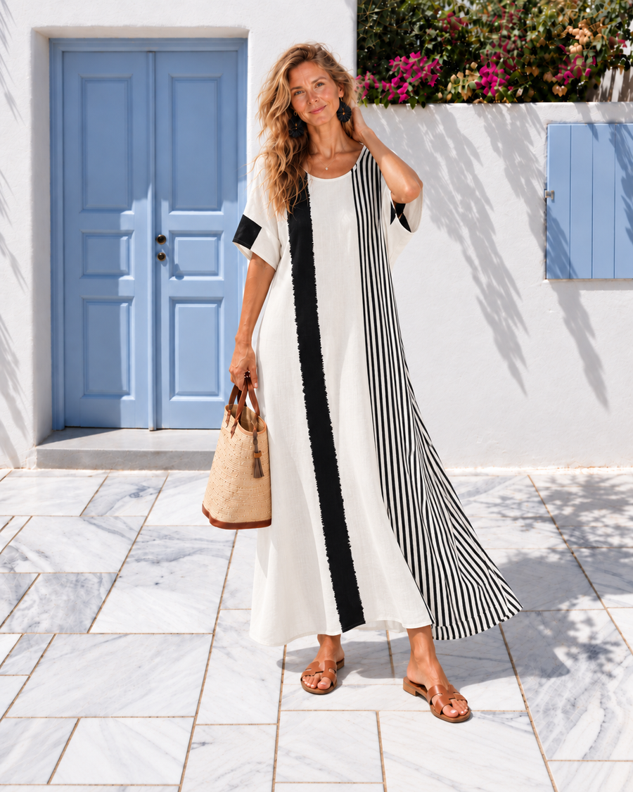 Elara | Round Neck Short Sleeve Striped Maxi Dress