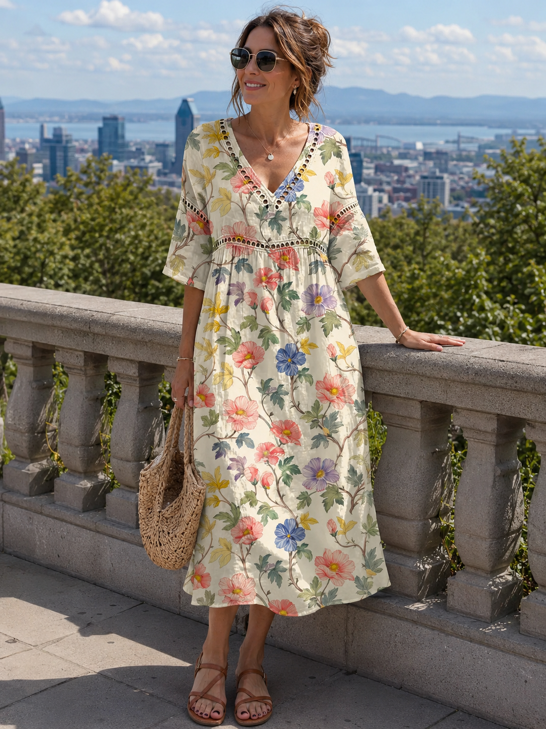 Cotton-linen midi dress V-neck