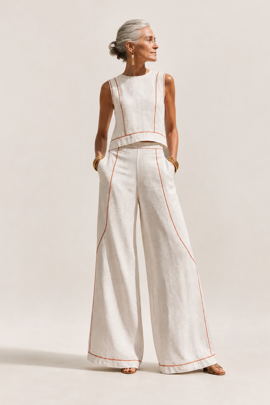 Elegant Contrast-Stitched Pants Set