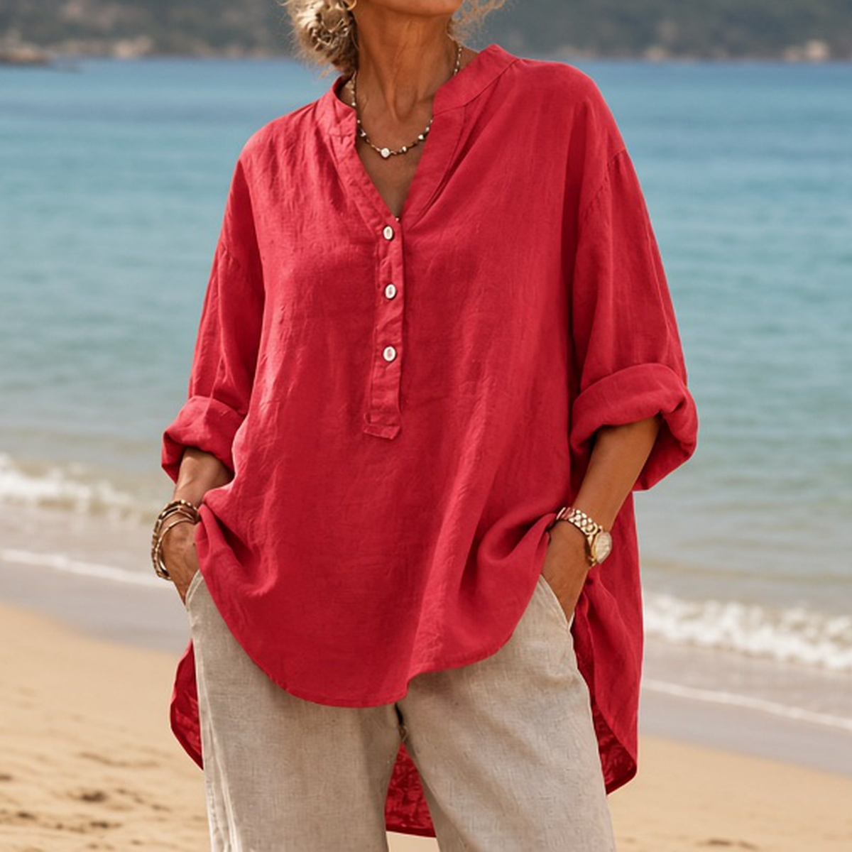 Veronique Elegant Cotton-Linen Blouse