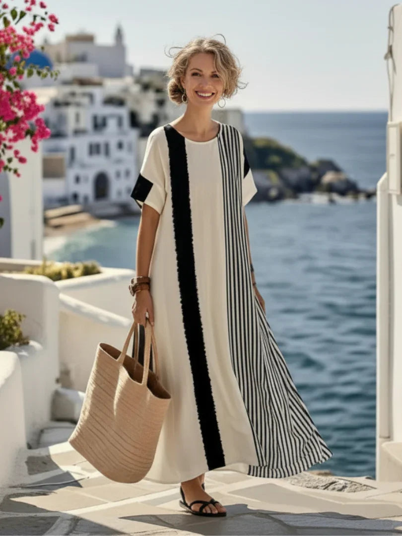 Elara | Round Neck Short Sleeve Striped Maxi Dress
