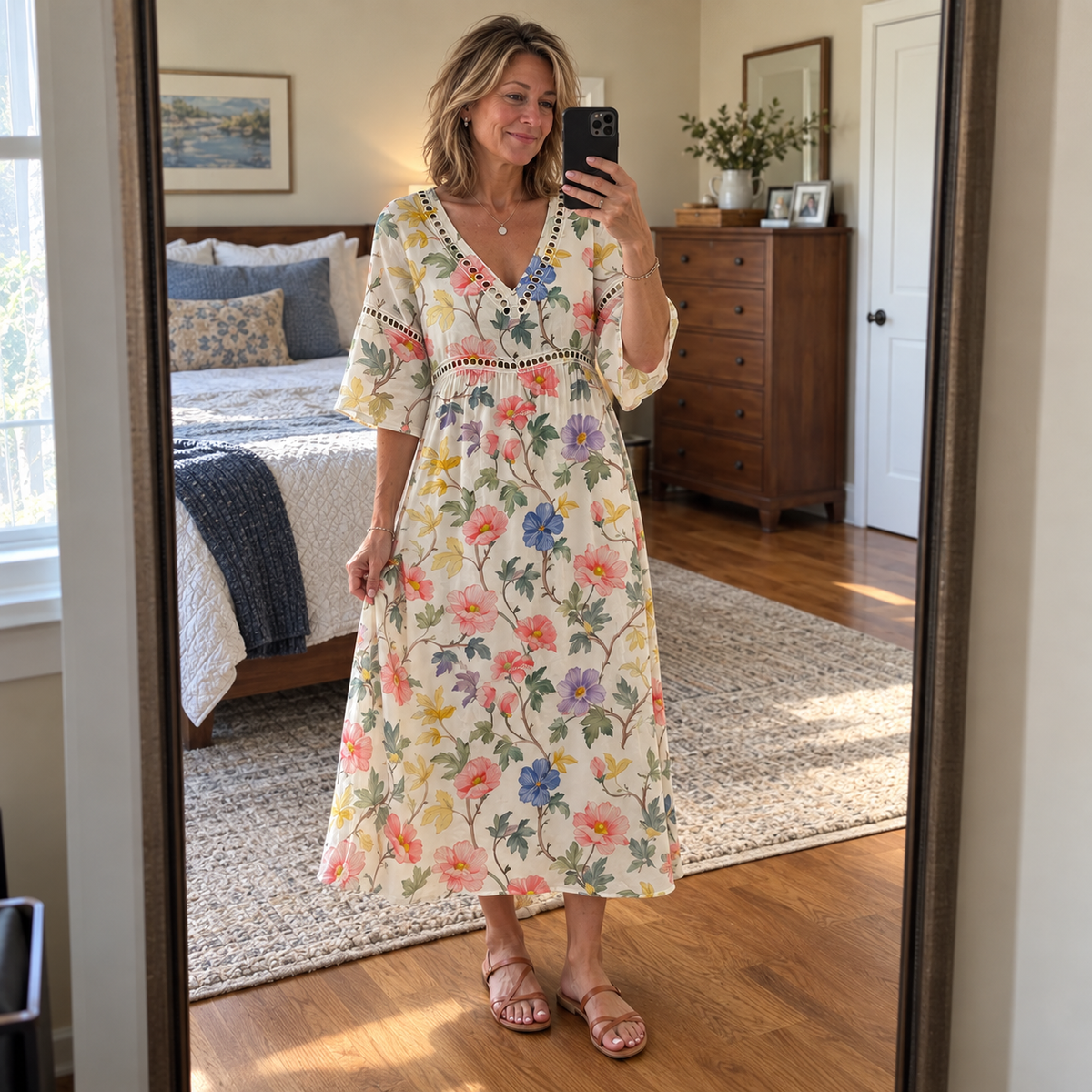 Cotton-linen midi dress V-neck