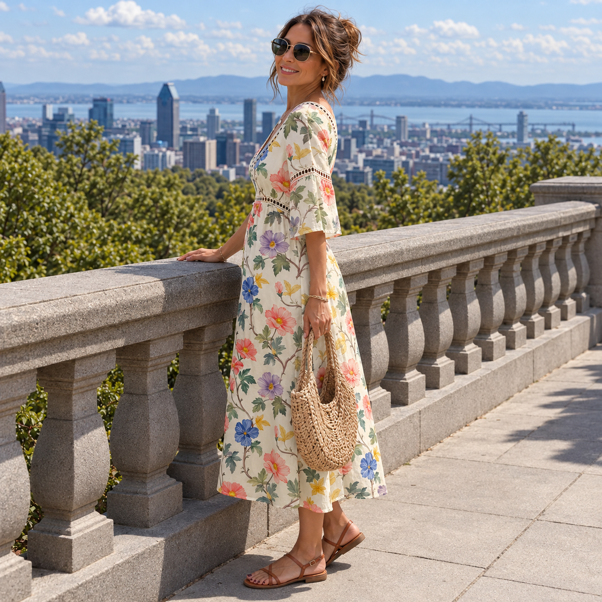 Cotton-linen midi dress V-neck
