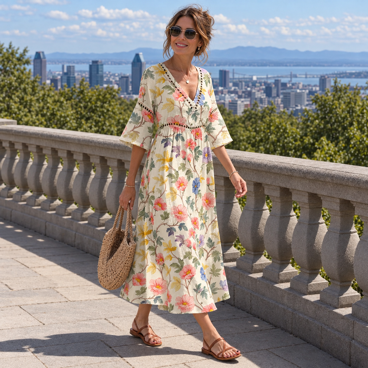 Cotton-linen midi dress V-neck